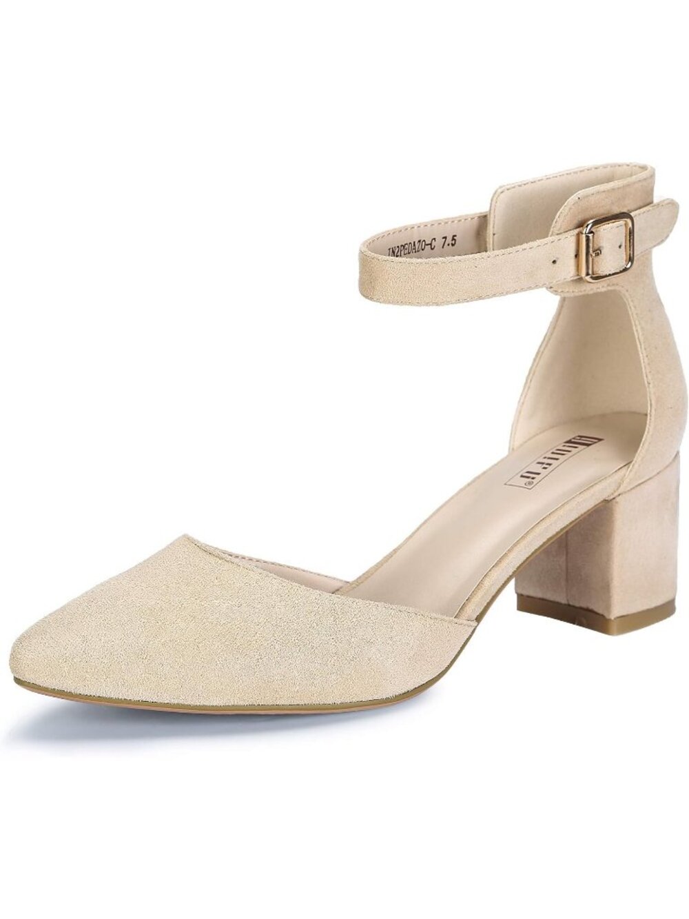 Women's Nude Suede Low Block Heels Pumps Chunky Closed Toe Ankle Strap Shoes
